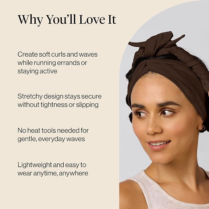 Kitsch Set & Flow Active Heatless Curling Headband For Women – Achieves Heatless Curls Overnight, No Heat Damage | Heatless Curlers with Flexible Fit | Great During Gym, Travel - Chocolate Brown, 1pc