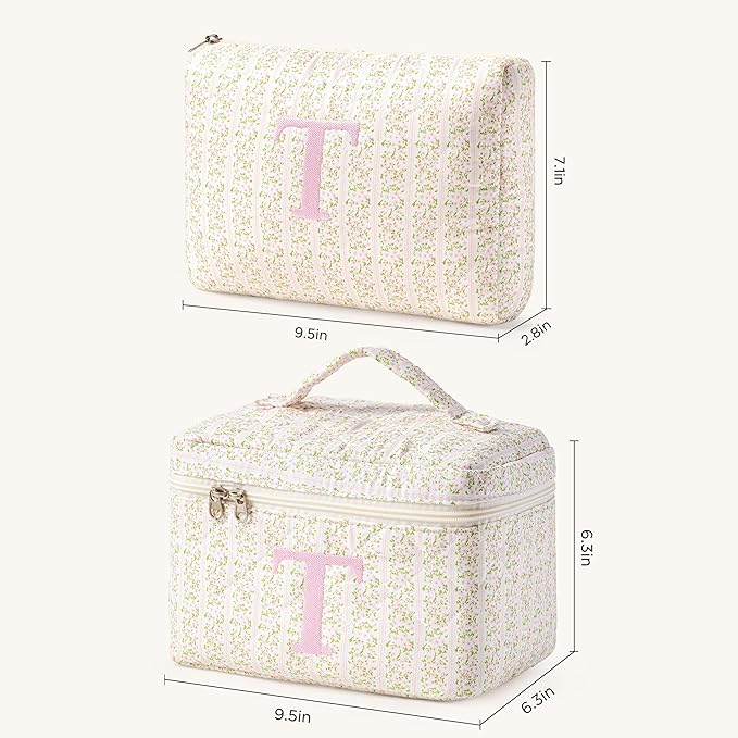 HBselect 2Pcs Initial Quilted Makeup Bag, Pink Cosmetic Travel Toiletry Bag, Flowers Coquette Zipper Make Up Pouch Organizer Teen Girl Gift Trendy Stuff T