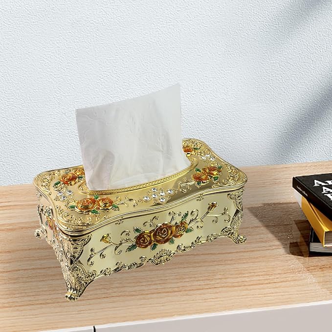 Geesatis Tissue Box Cover, Rectangle Tissue Box Holder, Rectangular Napkin Facial Tissues Holder for Bathroom Toilet Bedroom Living Room Table Desk Office Dresser, 1 Pcs Golden 9.05''x4.93''x3.74''