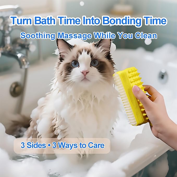 3-in-1 Triangular Dog Bath Brush for Dogs & Cats, Silicone Pet Grooming Brush with Deshedding Bristles, Massage Cones & Deep Cleaning Nubs, Green
