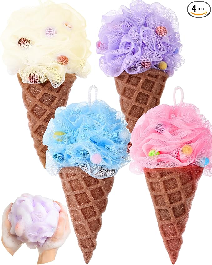 4 Pcs Ice Cream Bath Loofah Sponge Cartoon Body Scrubber Loofah Soft Mesh Exfoliating Bath Scrubber Shower Ball for Shower Sponge Gifts Exchange Birthday Party