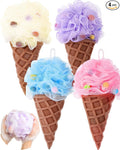 4 Pcs Ice Cream Bath Loofah Sponge Cartoon Body Scrubber Loofah Soft Mesh Exfoliating Bath Scrubber Shower Ball for Shower Sponge Gifts Exchange Birthday Party