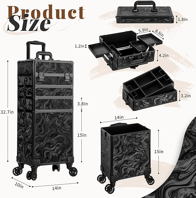 Profesional Rolling Makeup Train Case with Lid, 5 in 1 Cosmetology Case on Wheels, Large Cosmetic Trolley Organizer Travel for Hairstylist Artist Nail Beauty Salon Barber, Black Ink