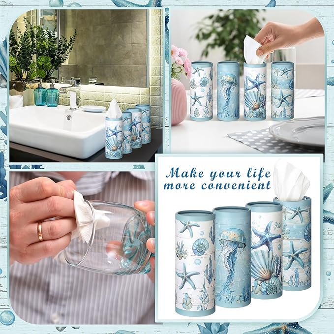 12 Pack Summer Ocean Car Tissue Cylinder Holder Bulk with 3 Ply Facial Tissues Starfish Round Napkin Holders for Cup Holder Cylinder Colorful Travel Paper Tubes Bulk Napkin Boxes Packs
