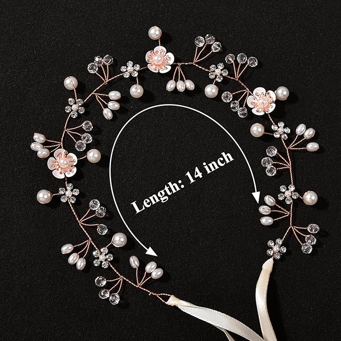 Flower Girl Hair Accessory - Princess Headpiece with Pearl Headband for Kids, Bridal Wedding, and Women (Rose Gold)