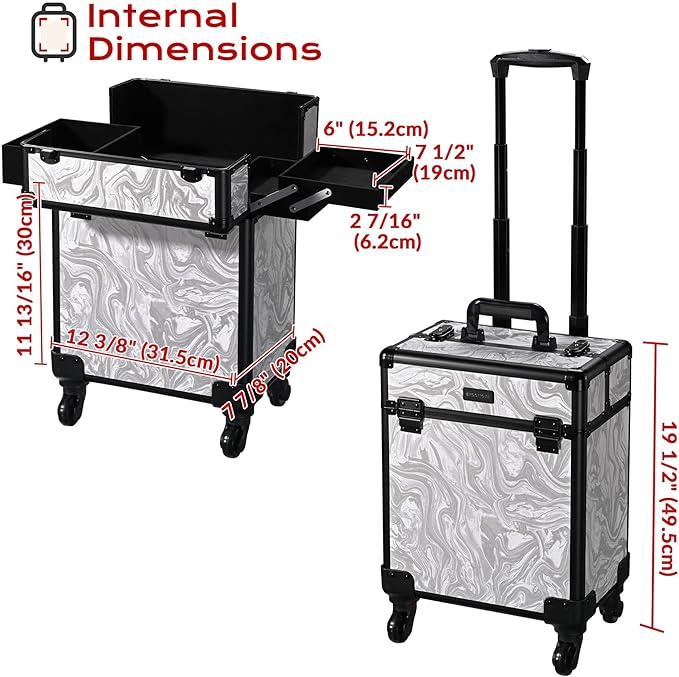BYOOTIQUE Rolling Makeup Train Case on Wheels 3-Piece Hairdressing Brush Bags Cosmetology Organizer Kit Lockable Traveling Cart for Nail Tech Beauty Salon Barbershop,CTB Gray