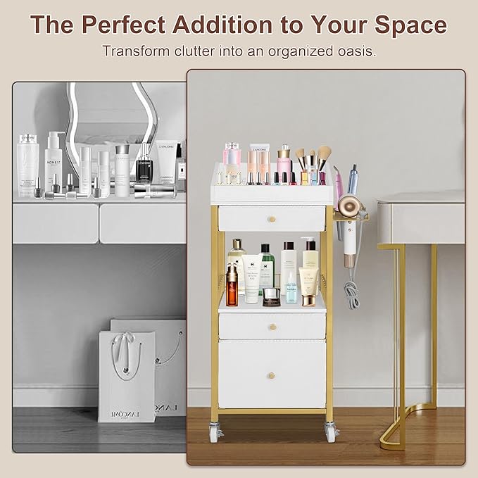 Makeup Organizer Cart with Adjustable Dividers, 3-Drawer Cosmetic Storage Cart with Lockable Wheels & Detachable Hair Tool Holder, Mobile Vanity Organizer for Small Spaces, Gold & White
