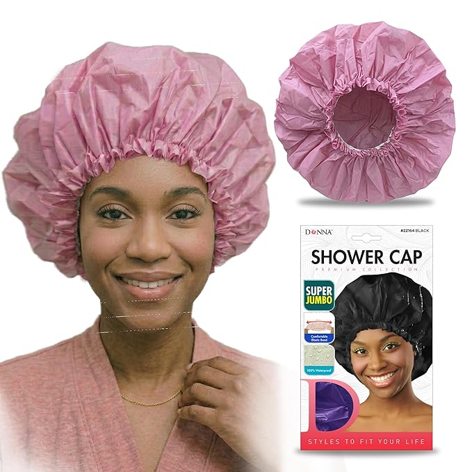 DONNA Super Jumbo Shower Cap – Comfortable Elastic Band, 100% Waterproof Hair Cap for Long Hair, Braids & Thick Styles, Reusable Big Shower Cap for Women, Keeps Hair Dry & Protected, PINK