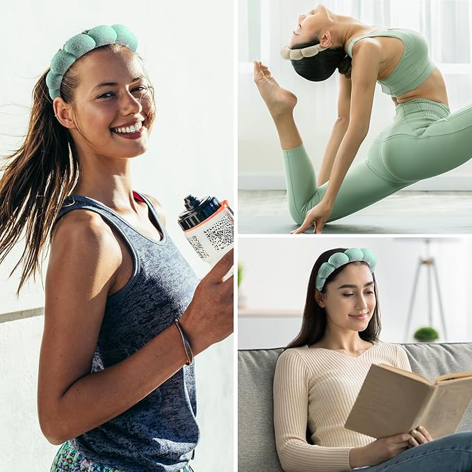 Spa Headbands, Set of 2, Terry Cloth Headband Face Wash Headband Combo Pack - Puffy Makeup Headbands for Face Washing, Mask (beige + turquoise)