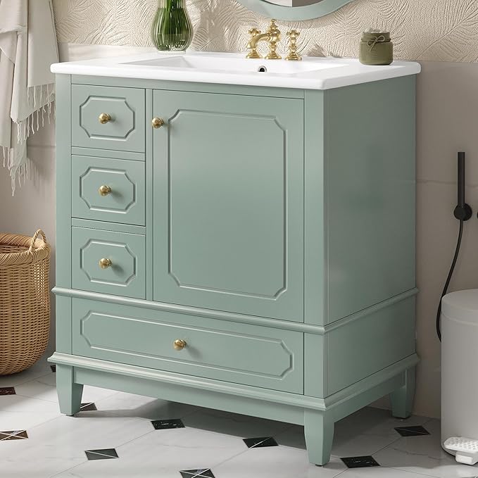 30" Bathroom Vanity with Sink, Harper & Bright Designs Free Standing Single Vanity Set with 3 Drawers and One Door with Storage Racks, Wood Storage Cabinet with Ceramic Basin for Bathroom, Light Green