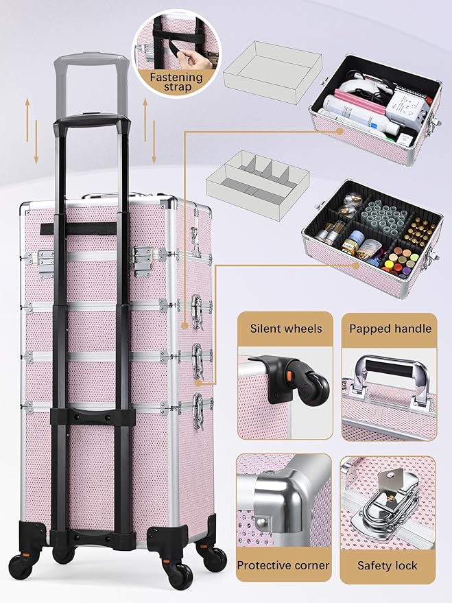 Costravio 5 in 1 Rolling Makeup Case on Wheels Large Cosmetology Case Organizer Beauty Cosmetic Train Case Travel Nail Cart for Make-up Studio Hair Salon, Pink Rhinestone
