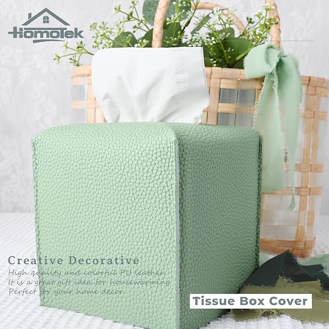 HOMOTEK 2 Pack Tissue Box Cover, Square PU Leather Tissue Holder, Decorative Facial Tissue Cube Paper Organizer Dispenser for Bathroom, Night Stands, Desk, Car 5X5X5'' - Mint Green, Pebble Grain
