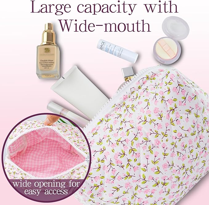 Quilted Makeup Bag Floral Cotton Make up Bag Puffy Coquette Makeup pouch Aesthetic Cute Travel Toiletry Bag for Women Girls