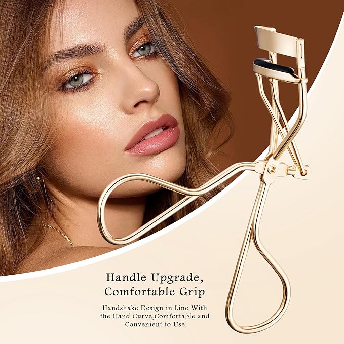 Pro Eyelash Curler – No Pinching, Hypoallergenic Rubber Pad for Perfect Curves, Painless & Gentle, Fits All Eye Types – Compact Travel-Friendly Design with Case (Gold)