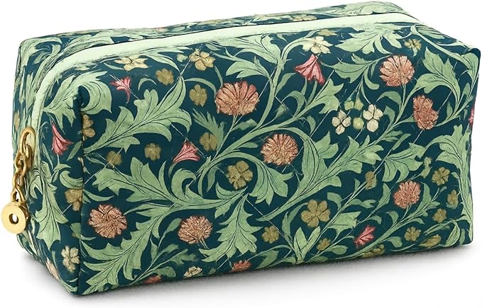 Floral Quilted Cotton Makeup Bag for Women, Large Capacity Travel Cosmetic Pouch with Zipper, Cute Toiletry & Brush Organizer, Kawaii Makeup Storage Case – Garden Green
