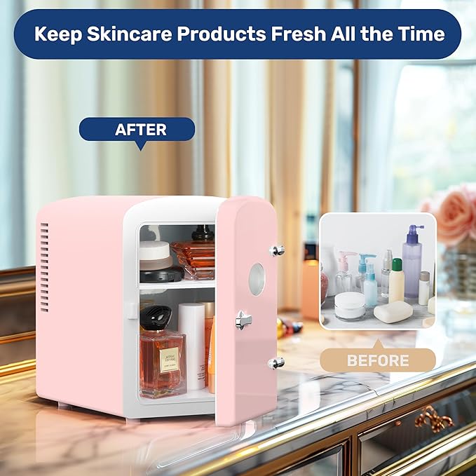 HealSmart Mini Fridge Portable 6 Liter/9 Can with Observation Window, Cooler&Warmer Small Desk Compact Refrigerator for Skin Care, Cosmetics, Beverage, Food in Bedroom, Car, Office, Dorm, Pink