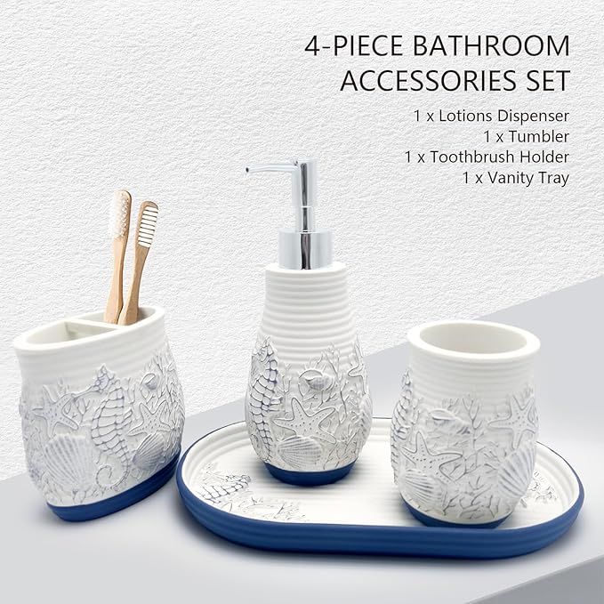 Beach Theme Bathroom Accessory Sets 4PCS Bathroom Accessories Set Complete Embossed Seashell Starfish Design Includes Lotion Dispenser Toothbrush Holder Tumbler Cup & Vanity Tray