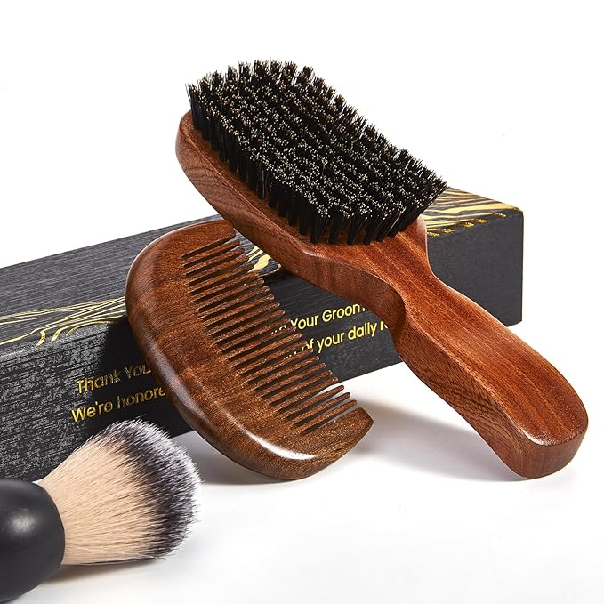 Beard Brush for Men, Natural Boar Bristle Sapele Wood Brush for Beard and Hair, Men's Grooming Kit with Pocket Beard Comb for Facial Hair Styling, Growth, Shine