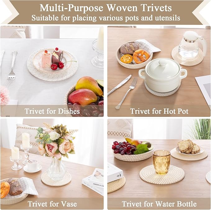 SHACOS 8 Inches Trivets for Hot Dishes, 4 Pieces Cotton Trivets Mats for Kitchen with Storage Basket, Hot Pads for Countertops and Table, Heat-Resistant Pot Holders for Hot Pots and Pans