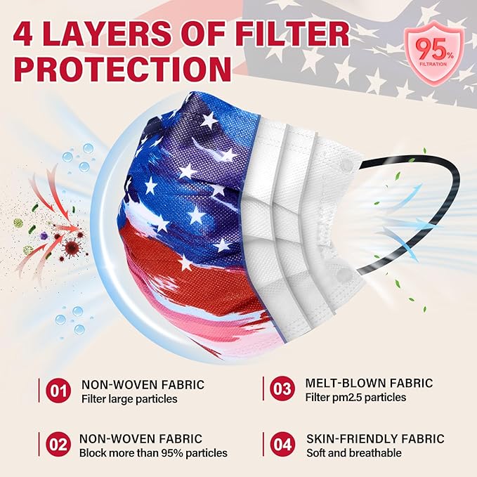 Disposable Face Mask for Adults - 4 Ply Protection, Individually Wrapped 50 Pack, 10 Colors, Breathable Comfortable & Safe