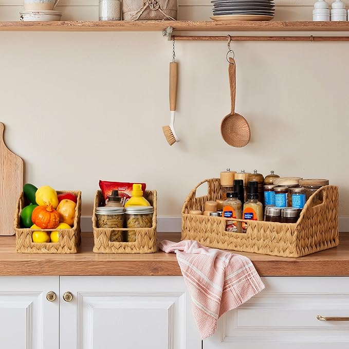GRANNY SAYS Wicker Storage Basket for Shelves, Wicker Basket with Handles, Trapezoid Woven Baskets for Storage, Decorative Baskets for Home Decor, Natural, 3 Pack