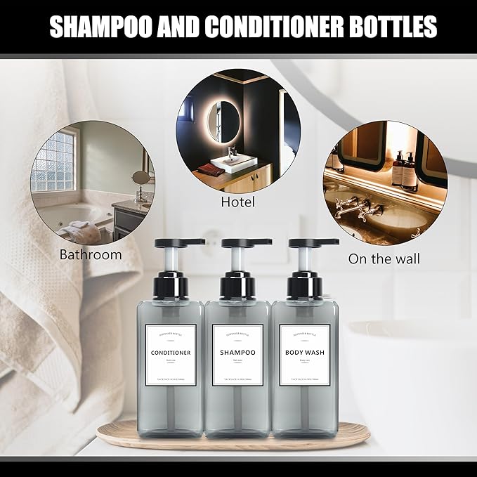 Soap Dispenser Bottle with Pump, YACEYACE 25oz Set of 3 Clear Grey Large Capacity Soap Dispenser Bottles Set, Shampoo Dispenser Bottles with Label
