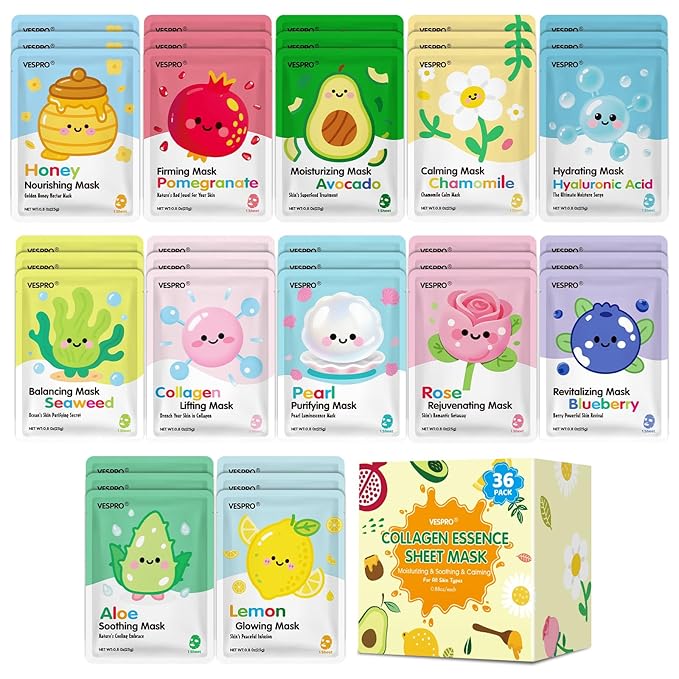 36 Pack Skincare Facial Masks, Hydrating & Moisturizing Face Masks for All Skin Types, Bulk Sheet Face Mask for Women, Spa Party Favors, Skincare Set for TeenGirls, Skincare Gift for Mom, Teacher Gift