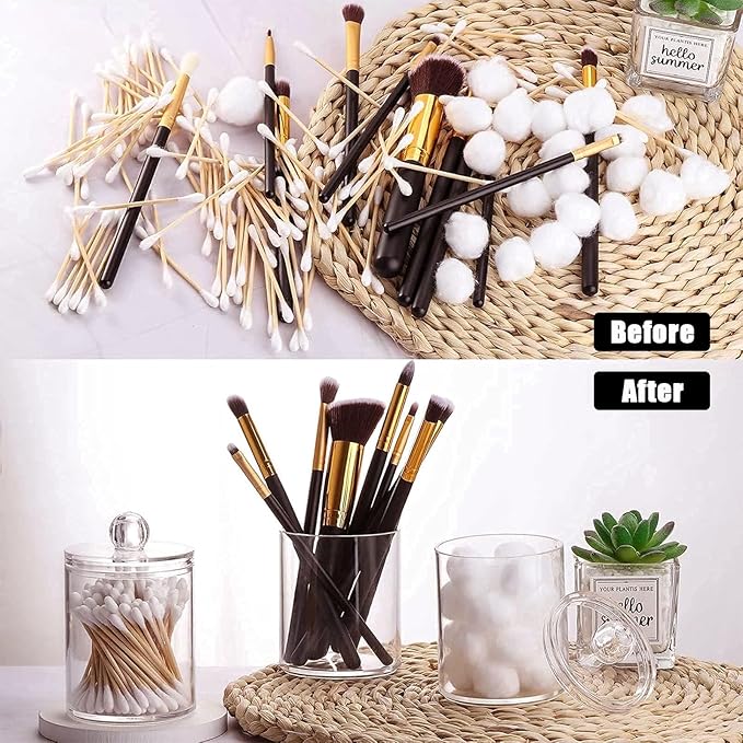 3PCS Acrylic Qtip Dispensers Holders With Clear lid, Clear Bathroom Round Countertop Storage Organizer Canister for Cotton Balls,Swabs,Pads,Bath Salts , Makeup Sponges,Tooth Floss
