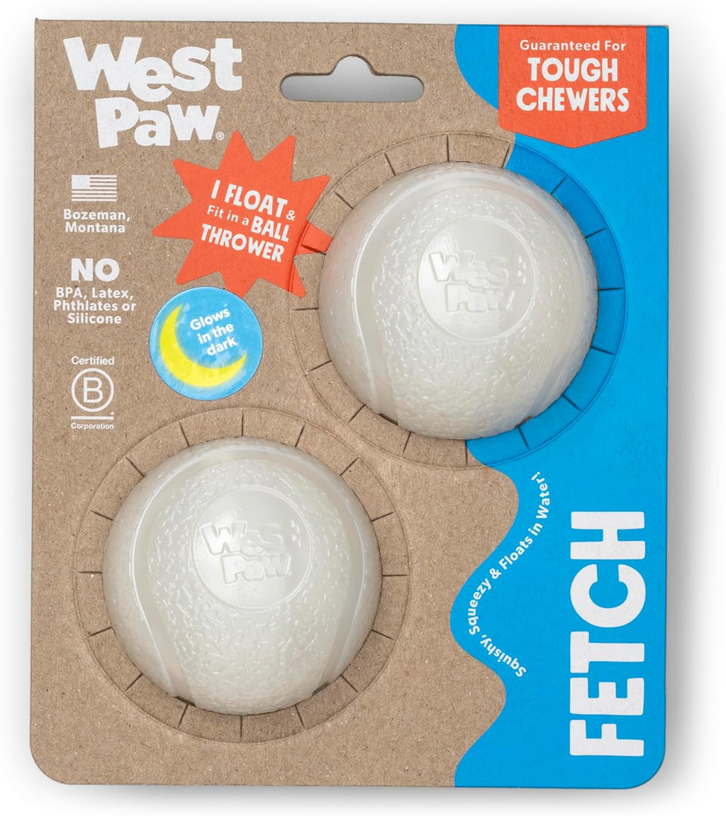 WEST PAW Boundr Ball Dog Fetch Toy – Bouncing Toys for Dogs, Fetch, Catch, Chewing, Play – Floatable, Recyclable Balls – Small Glow 2-Pack