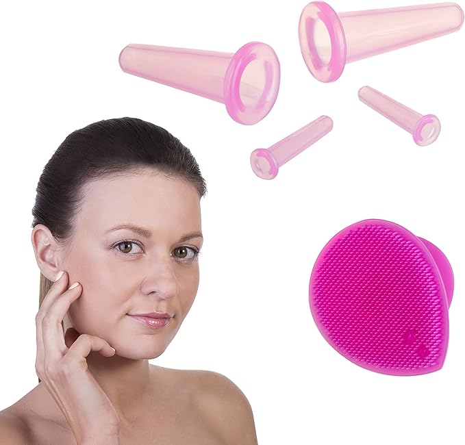 Cupping Therapy Sets - Face Cupping Set - Double Chin Reducer - Facial Cupping System - Silicone Massage Cups - Cupping for Cellulite Kit - Ideal to Shape Your Cheeks and Chin - by Sandine (Pink)