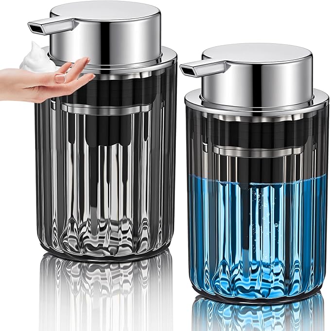 2 Pcs Refillable Gray Foaming Hand Soap Dispenser 10 oz Plastic Dispenser Pump Lotion Foaming with Silver Pump for Bathroom Vanities Kitchen