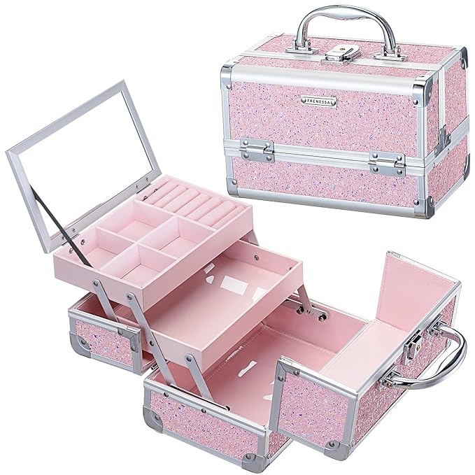 FRENESSA Makeup Case Organizer Portable Makeup Train Case Cosmetic Box with Mirror Jewerly Tray for Girls Nail Supplies Make Up Cases Organizers and Storage Kids Craft Case Pink