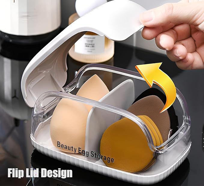 Beauty Blender Holder, Makeup Sponge Holder with Lid, Makeup Sponge Case for Countertop (Clear Lid)