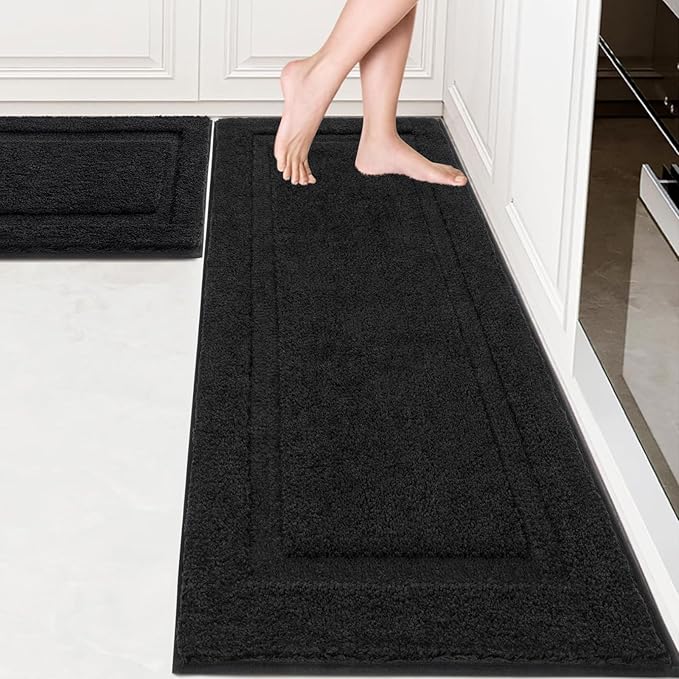 SHACOS Super Soft Black Bathroom Runner Rugs Set of 2 Pieces 47x20 + 32x20 inch Non Slip Washable Bath Mats Fluffy Absorbent Bath Rugs for Bathroom Shower Tub