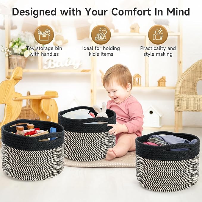 Small Rope Baskets for Storage, Baskets for Gifts Empty, Cute Round Woven Basket, Decorative Shelf Baskets 9.82×9.82×7.1", Cotton Toy Basket Storage Bins for Organizer 3 Packs-Brown+Black