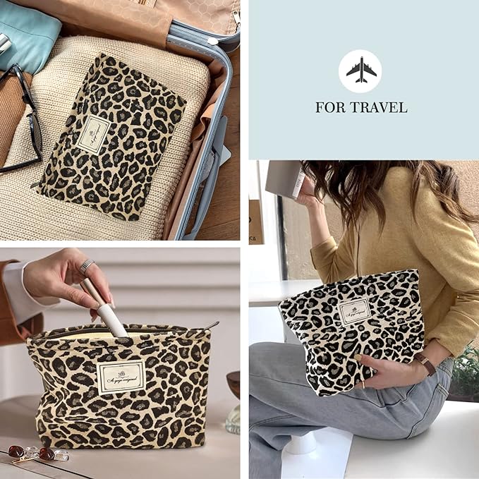 STARDW Leopard Makeup Bag Organizer Cosmetic Bags for Women and Girls,Travel Toiletry Bag Large Capacity Canvas Makeup Zipper Pouch, Purse Organizer Pouches (Brown Leopard)