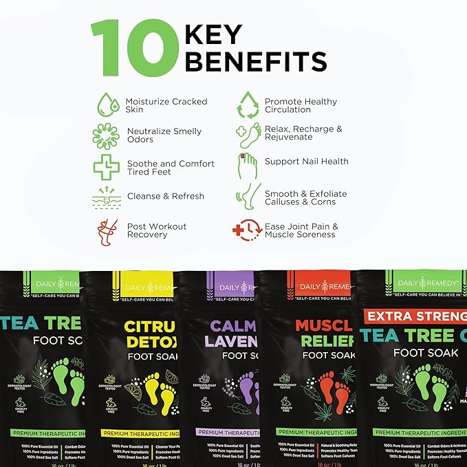 DAILY REMEDY Foot Soak Salts- Variety Pack of 4- Tea Tree Oil, Muscle Relief, Calming Lavender & Citrus Soak- For Foot Pain, Soreness, Athlete’s Foot, Odors, Calluses-Made In USA | Tea Tree Oil, Calming Lavender, Citrus Soak, For Foot Pain, Made In USA