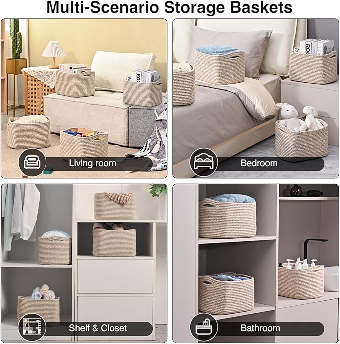 Small Storage Baskets for Shelves Organizing, Woven Cotton Rope Baskets for Storage, Book Basket, Decorative Shelf Basket, 12.5"Lx9.1''Wx7.9''H (4 Packs) Mixed Brown