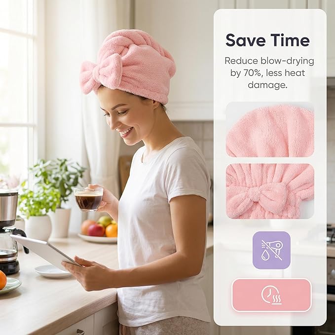 Microfiber Hair Towel Wrap for Women with Bow, Super Absorbent Quick Drying Hair Turban, Anti Frizz Hair Drying Cap for Curly Thick Frizzy Hair, Lightweight Towel for After Shower (Pink+ Coffee)