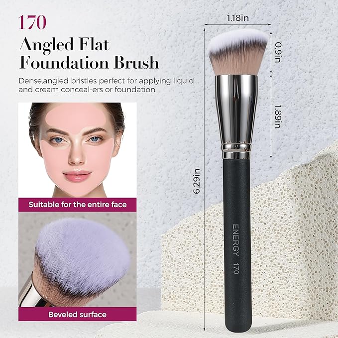 ENERGY Makeup Brush Set Professional 3pcs Foundation Concealer Detail Brushes Soft Synthetic Bristles Vegan Face Makeup Brushes for Liquid Cream Powder Flawless Blending Buffing with Travel Case