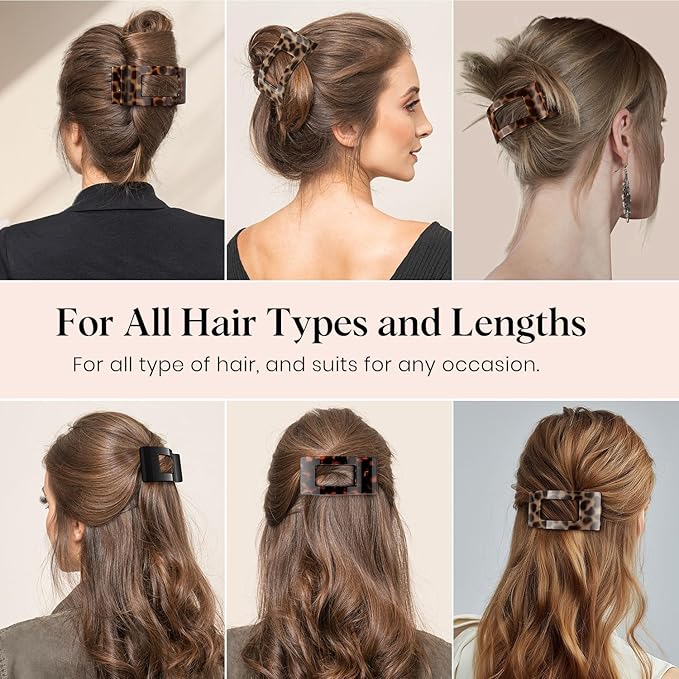 4 PCS Flat Hair Clips for Women Girls, French Square Lay Down Claw Clips for Thick Thin Hair, Comfortable Curved Large Flat Clip, Leopard Print Stylish Strong Hold Hair Accessories, Tortoise