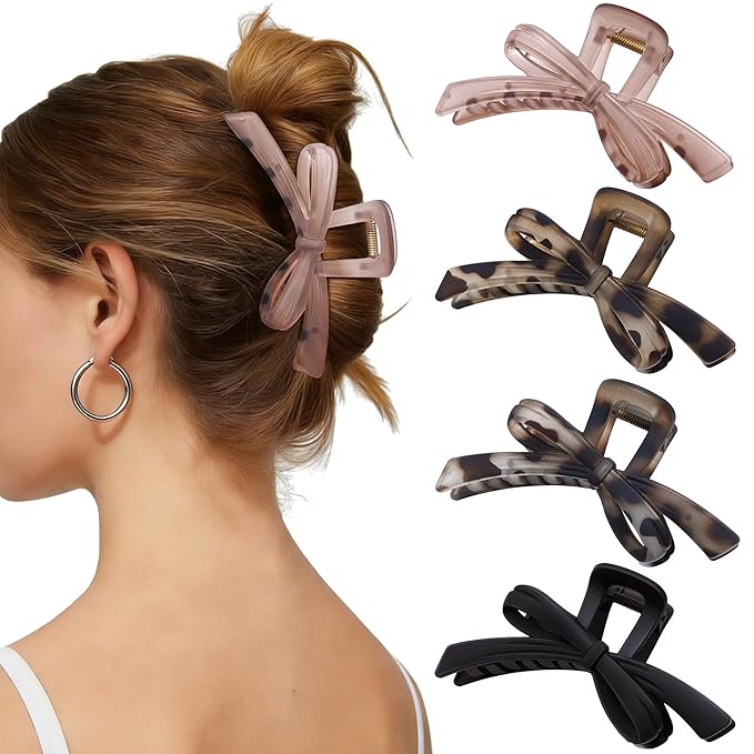 Mesovor 4 Pack Cute Bow Claw Clips, Nonslip 4.92" Large Matte Strong Hold Bows Hair Clips for Thin and Thick Hair | Chic Hairclips for Holidays or Everyday Hairstyle (Leopard Matte)