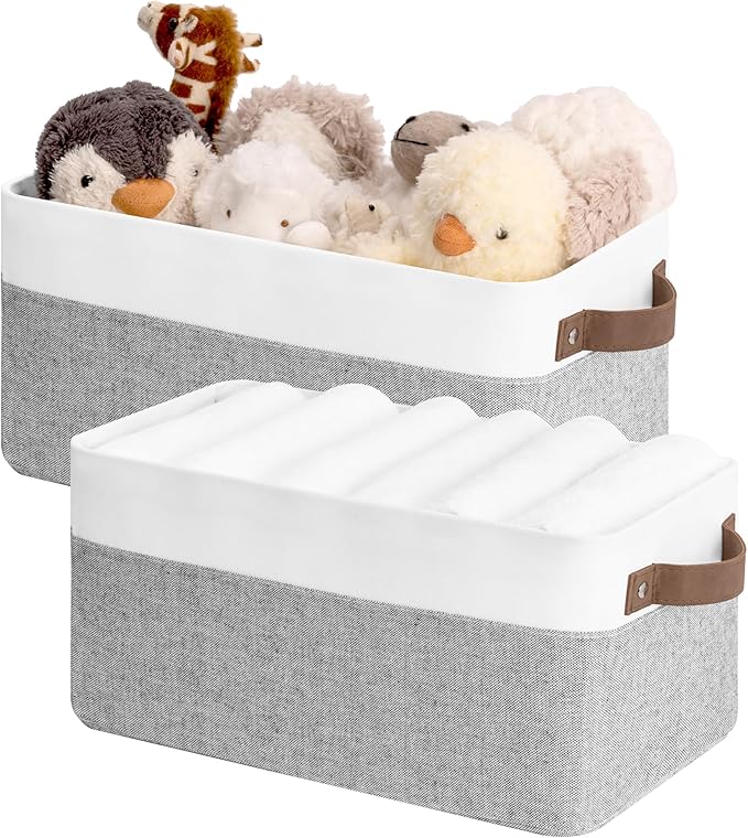 StorageWorks Narrow Storage Bins, Small Basket for Closet and Shelves, Rectangular Fabric Organizer with Handles, Toilet Paper Storage, Gray and White, 2-Pack