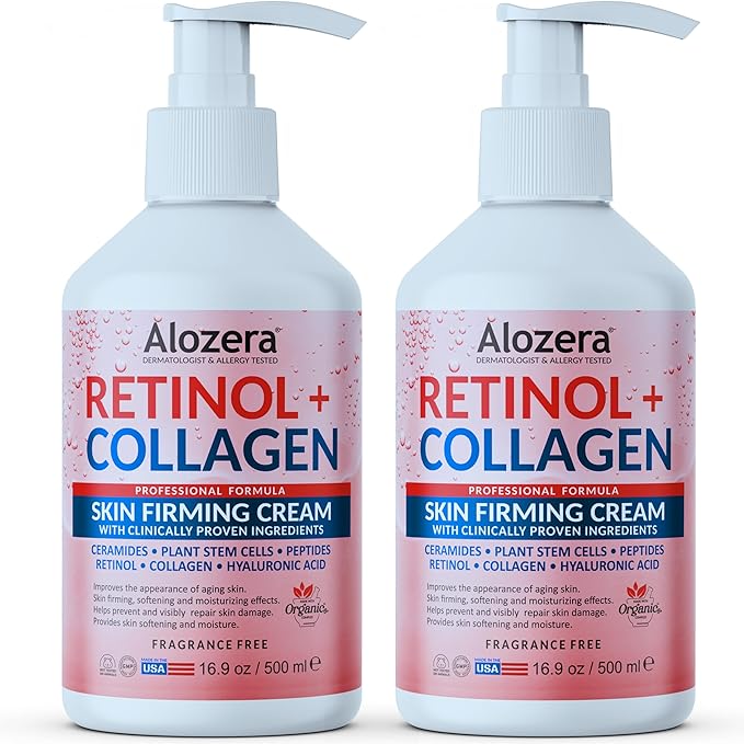 Alozera Skin Firming Retinol Collagen Face & Body Lotion with Stem Cells for Aging Skin and Wrinkles, Non-Greasy, Lightweight Moisturizer, Fragrance-Free, 16.9 oz (2-Pack)