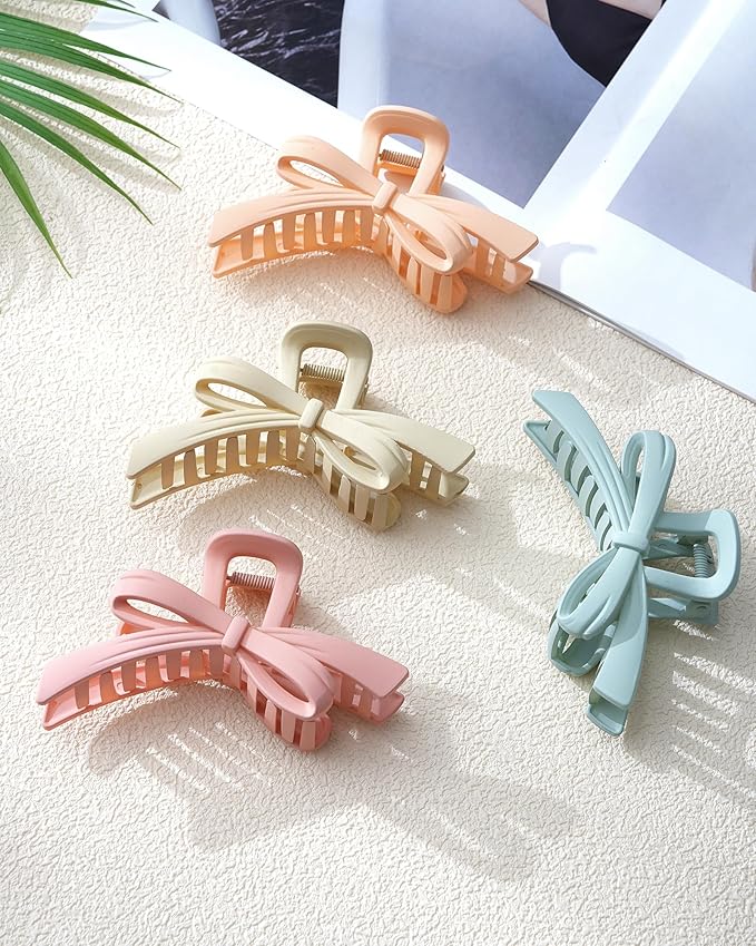 Mesovor 4 Pack Cute Bow Claw Clips, Nonslip 4.92" Large Matte Strong Hold Bows Hair Clips for Thin and Thick Hair | Chic Hairclips for Holidays or Everyday Hairstyle (Colorful Matte)