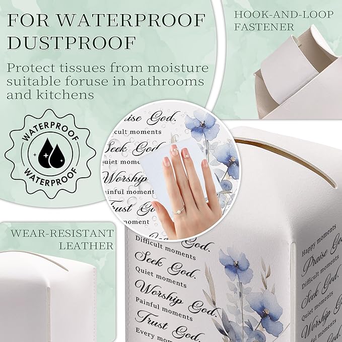Bible Verses Christian Tissue Box Cover Square, Happy Moment Praise God Waterproof Leather Tissue Box Holder, Blue Flower Paper Facial Tissue Box Covers Cube for Office Home Prayer Room Decor