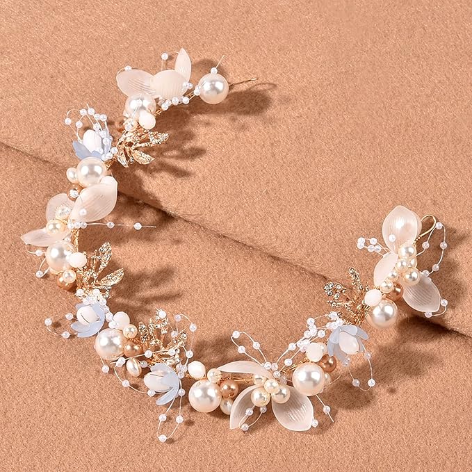 Kids' Wedding Hair Accessories - Princess Headpiece, White Flower Headband Pearl for Girls, Cute Bridal Wedding Hair Band, Women's Fashion Headbands (Blue)