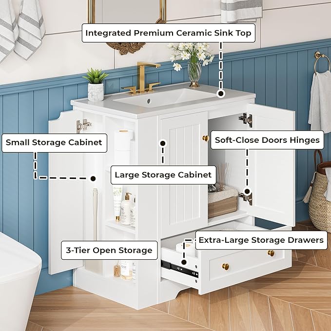 IRONCK 30" Bathroom Vanity with Ceramic Sink, Bathroom Storage Cabinet with Doors & Drawers & DIY Side Storage, Pedestal Sink Combo Set, White