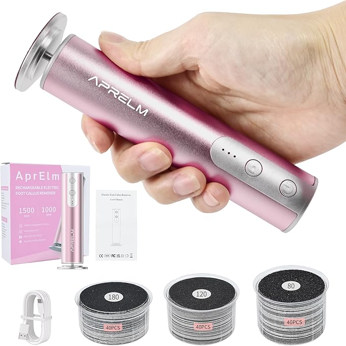 Rechargeable Electric Foot Callus Remover with 3-Sizes 120Pcs Sandpaper Discs, Professional 900RPM 3-Speed Control Aluminum Electric Foot File (E3 Rose Pink)