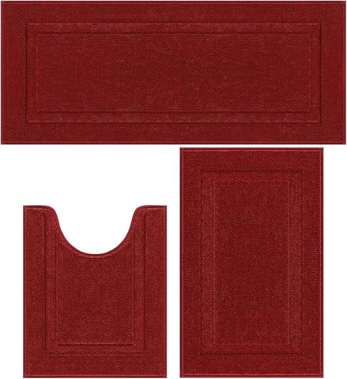SHACOS Red Christmas Bathroom Rugs Sets 3 Piece, 20"x32" + 20"x47" Non Slip Bath Mat and 20"x24" Toilet Rugs U Shaped Washable, Soft Fluffy Water Absorbent Bathroom Floor Mat